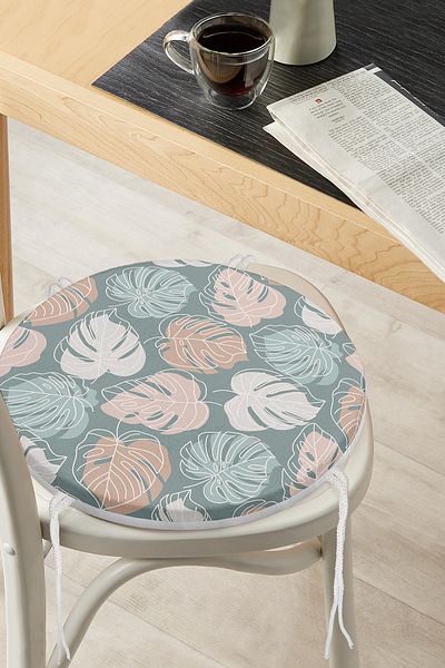 Realhomes Leaf Patterned Digital Printed Modern Round Zippered Chair Cushion with Colorful Background