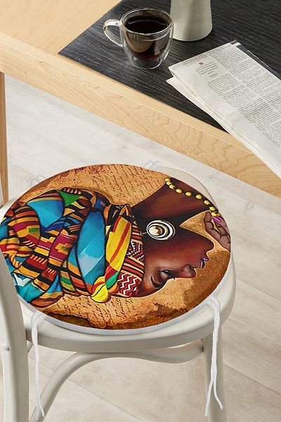 Realhomes Digital Printed Modern Round Zippered Chair Cushion with African Woman Drawings