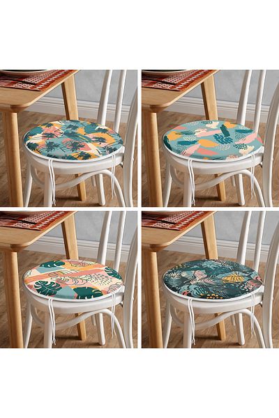 Realhomes 4-Piece Modern Round Zippered Chair Cushion Set with Onedraw Drawing on Colorful Floor