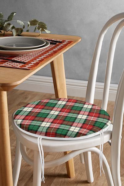 Realhomes Green Red White Plaid Patterned Modern Round Zippered Chair Cushion