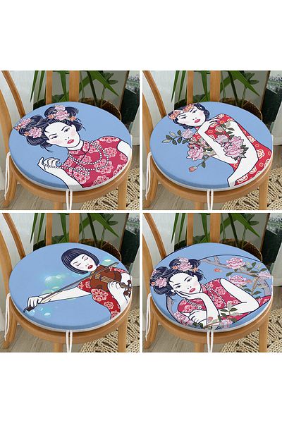 Realhomes Set of 4 Round Zippered Chair Cushions with Japanese Girl on Me Blue Floor