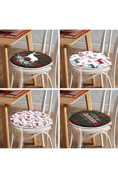 Realhomes Set of 4 Merry Christmas Themed Deer Motif Round Zippered Chair Cushions