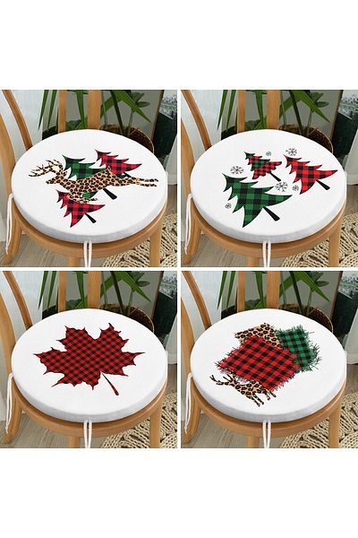 Realhomes 4-Piece Plaid Model Pine Tree Christmas Combination Modern Round Zippered Chair Cushion Set