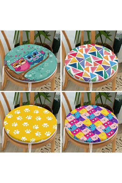 Realhomes Set of 4 Colorful Children's Patterned Decorative Round Zippered Chair Cushions