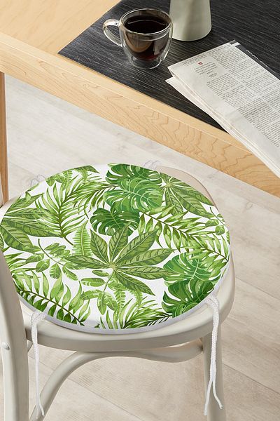 Realhomes Digital Printed Modern Round Zippered Chair Cushion with Green Leaf Pattern on White Background