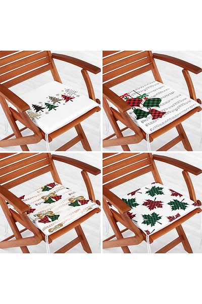 Realhomes 4-Piece Plaid Themed Bells and Pine Tree Christmas Combination Modern Zippered Chair Cushion Set