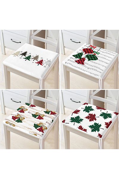 Realhomes 4-Piece Plaid Themed Bells and Pine Tree Christmas Combination Modern Zippered Chair Cushion Set