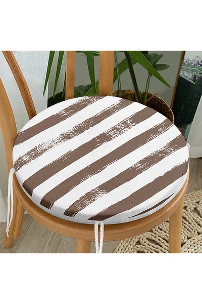 Realhomes Brown Striped Motif Modern Round Zippered Chair Cushion