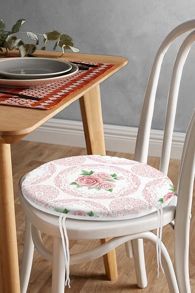 Realhomes Indian Motif Rose Patterned Digital Printed Round Zippered Chair Cushion