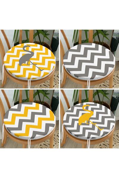 Realhomes 4'lü Sarı Gri Zigzaglı Flamingo Desenli Yuvarlak Fermuarlı Sandalye...