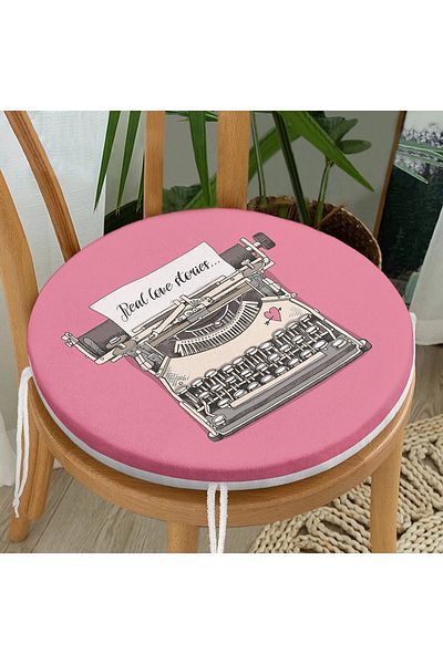 Realhomes Digital Printed Modern Round Zippered Chair Cushion with Pink Floor Typewriter Design