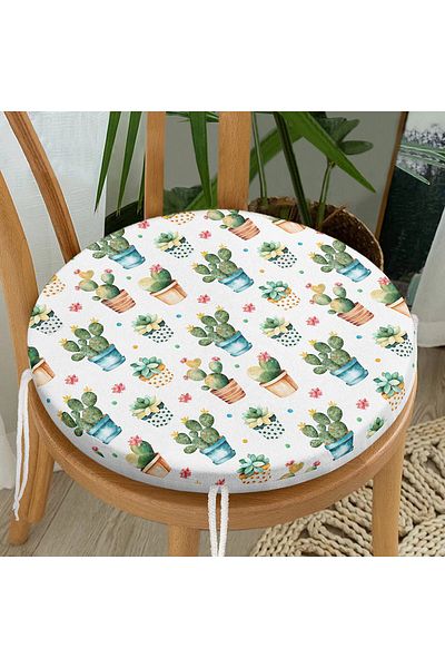 Realhomes Modern Round Zippered Chair Cushion with Cute Cactuses Design in Flower Pot