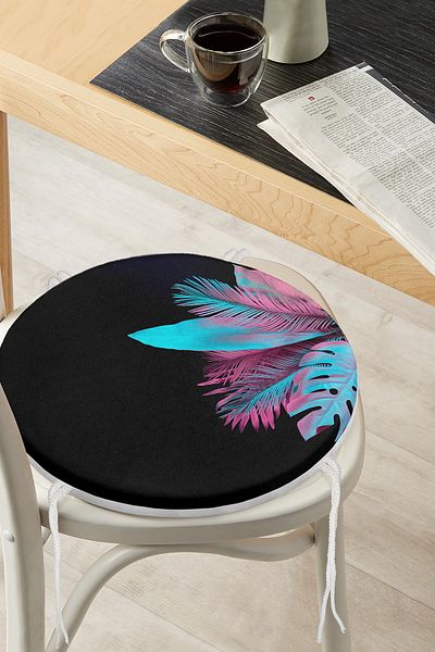 Realhomes Special Design Modern Round Zippered Chair Cushion with Black Background and Tropical Leaves