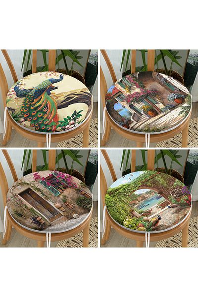 Realhomes 4-Piece Wooden Houses & Peacocks Special Design Round Zippered Chair Cushion Set
