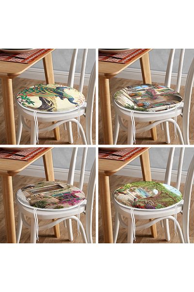 Realhomes 4-Piece Wooden Houses & Peacocks Special Design Round Zippered Chair Cushion Set
