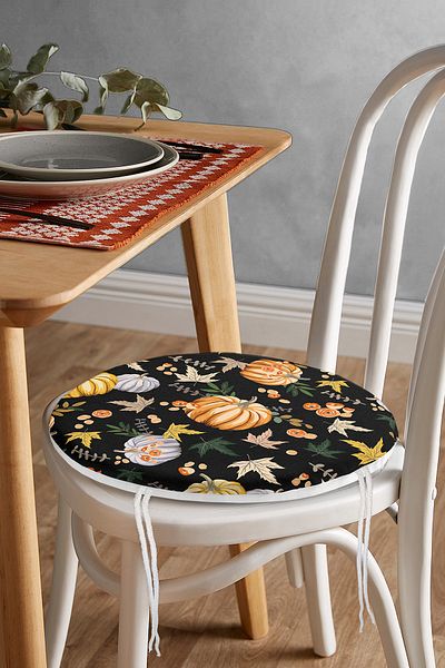 Realhomes Digital Printed Modern Round Zippered Chair Cushion with Pumpkin Pattern on Black Background