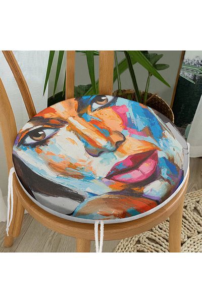 Realhomes Water Painted Women's Face Modern Round Zippered Chair Cushion