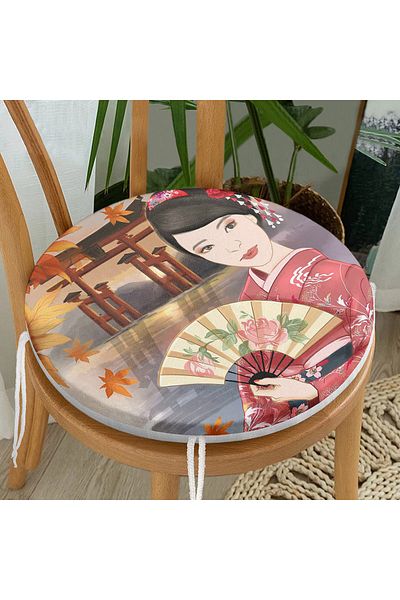 Realhomes Rose Motif Fan Holding Japanese Women's Motif Round Zippered Chair Cushion