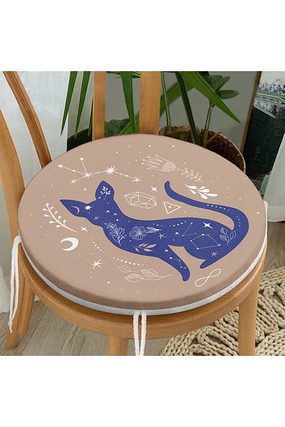 Realhomes Blue Cat Patterned Special Design Round Zippered Chair Cushion with Khaki Background