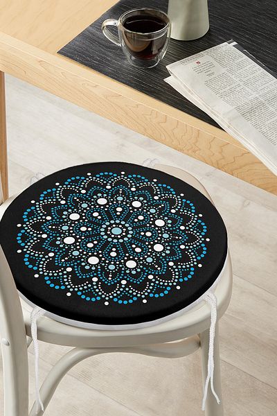 Realhomes Blue Beaded Mandala Round Zippered Chair Cushion on Black Background