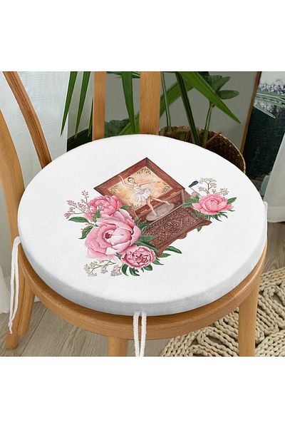 Realhomes Rose Detailed Music Box Special Design Digital Printed Modern Round Zippered Chair Cushion