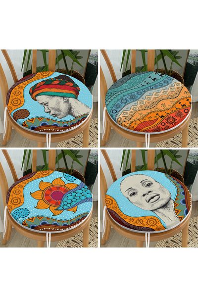 Realhomes Set of 4 Ethnic Designed Colorful Digital Printed Modern Round Zippered Chair Cushions