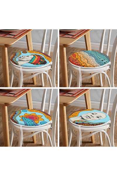 Realhomes Set of 4 Ethnic Designed Colorful Digital Printed Modern Round Zippered Chair Cushions