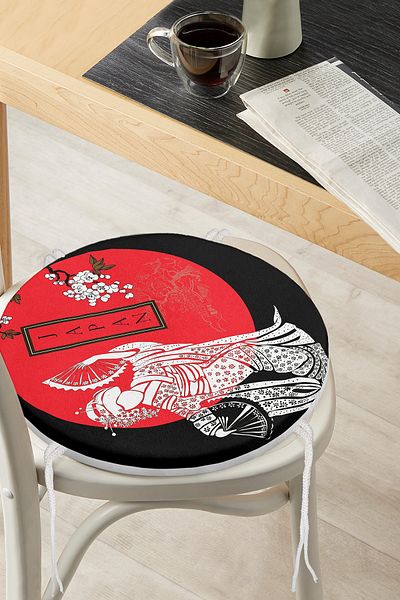 Realhomes White Branch Patterned Double Fan Japanese Women's Modern Round Zippered Chair Cushion