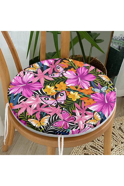 Realhomes Tropical Colored Flower Motif Special Design Round Zippered Chair Cushion