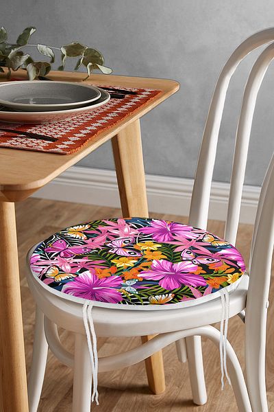 Realhomes Tropical Colored Flower Motif Special Design Round Zippered Chair Cushion