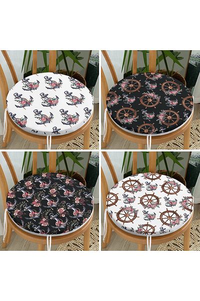 Realhomes 4-Piece Anchor & Rudder Special Designed Digital Printed Modern Round Zippered Chair Cushion Set