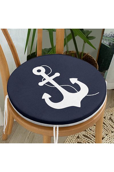 Realhomes Dark Blue Floored Anchor Patterned Digital Printed Modern Round Zippered Chair Cushion