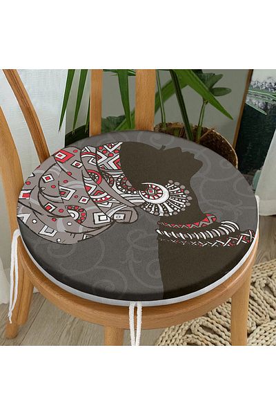 Realhomes Gray Floor Patterned Black Women's Motif Round Zippered Chair Cushion