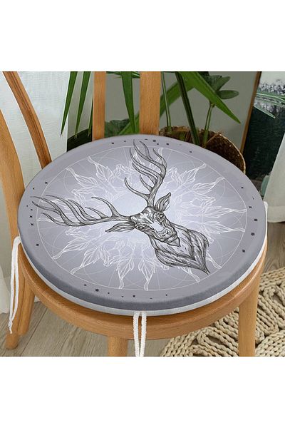 Realhomes Geometric Deer Digital Printed Round Zippered Chair Cushion with Star Motif on Gray Background