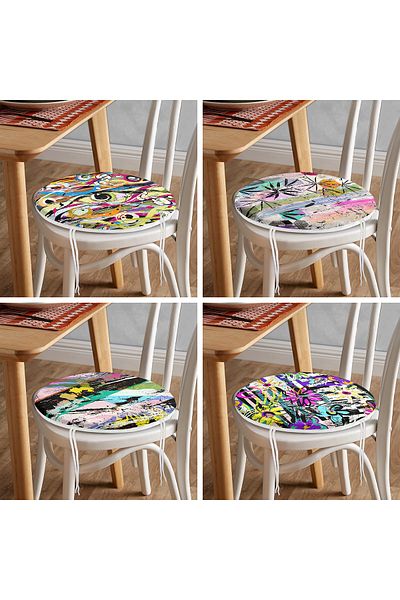 Realhomes Set of 4 Water Color Brush Impact Geometric Patterned Round Zippered Chair Cushions