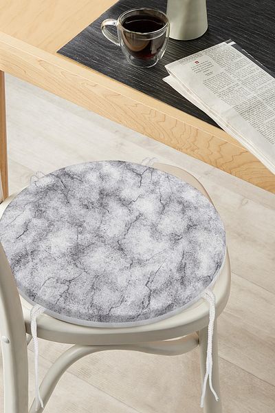 Realhomes Digital Printed Modern Round Zippered Chair Cushion with Black Marble Pattern on White Background