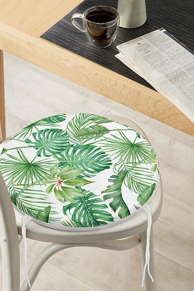 Realhomes Digital Printed Modern Round Zippered Chair Cushion with Green Leaf Pattern on White Background