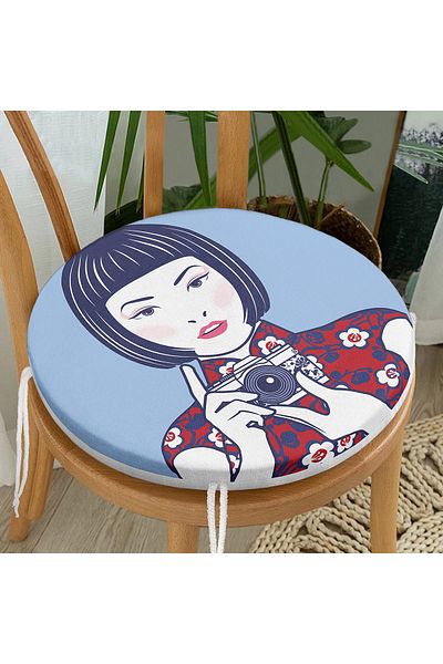 Realhomes Round Zippered Chair Cushion with Japanese Girl Motif Taking Photos