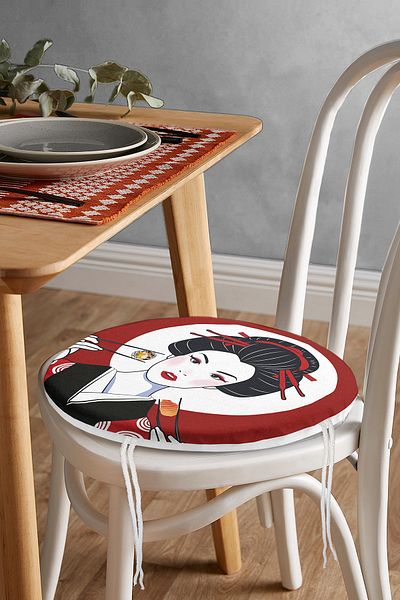 Realhomes Modern Round Zippered Chair Cushion with Japanese Girl Eating Sushi Motif
