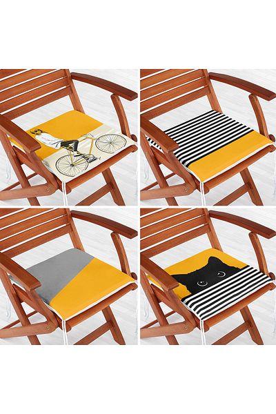 Realhomes 4-Piece Yellow Bicycle Man Cat Design Zippered Chair Cushion Set