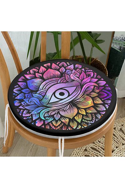 Realhomes Colored Round Chair Cushion on Black Floor with Third Eye Motif