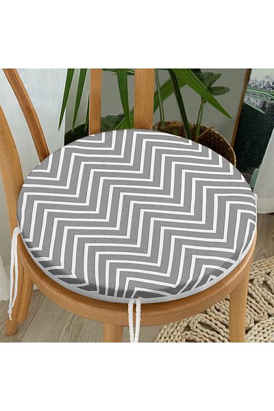 Realhomes Gray Zigzag Themed Digital Printed Modern Round Zippered Chair Cushion
