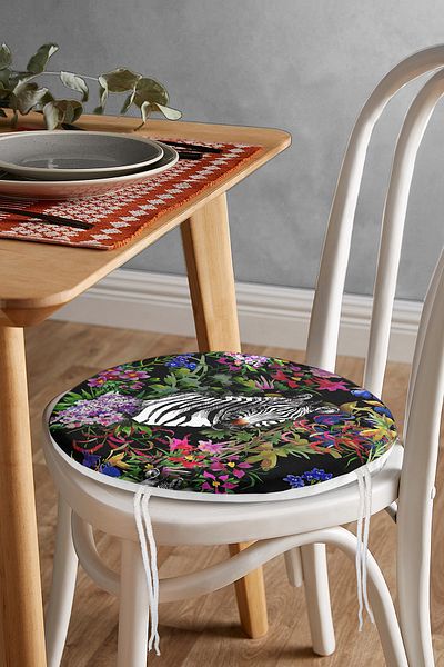 Realhomes Digital Printed Round Zippered Chair Cushion with Amazon Zebra Design on Black Background