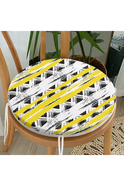 Realhomes Yellow Black Triangle And Lines Patterned Round Zippered Chair Cushion