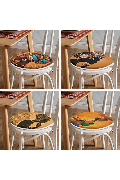 Realhomes Set of 4 African Themed Modern Decorative Round Zippered Chair Cushions