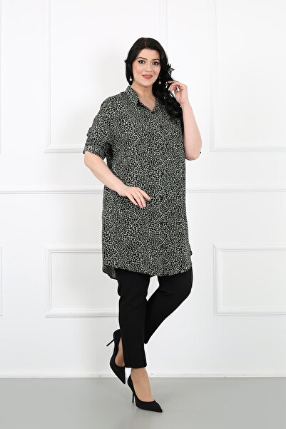 By Alba Collection Жіноча туніка великого розміру з бавовняного віскозу кольору хакі з леопардовим принтом