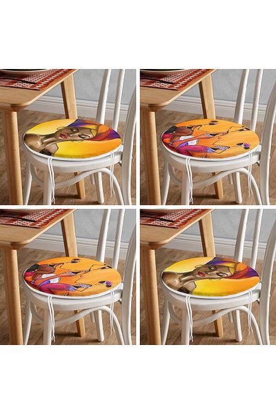Realhomes Set of 4 African Ladies Motif Round Zippered Chair Cushions