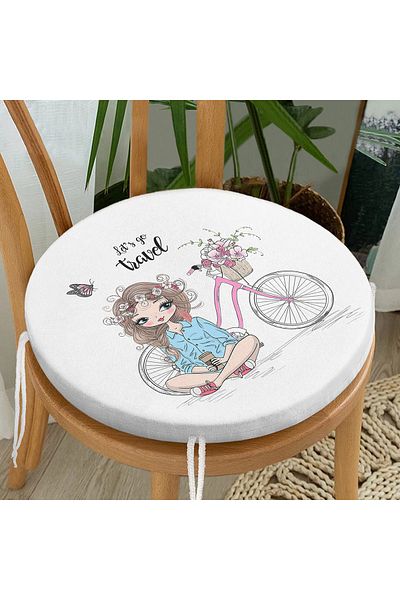 Realhomes Lets Go Travel Drawing Digital Printed Modern Round Zippered Chair Cushion