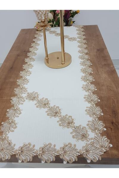 Finezza Jadelin Gold Güpürlü Keten Kumaş Runner Krem 48x145 Cm - 1141