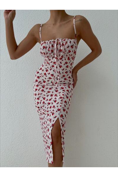 MY DEPO Γυναικείο φόρεμα με φλοράλ στάμπα με σκίσιμο - λουράκι και φόδρα